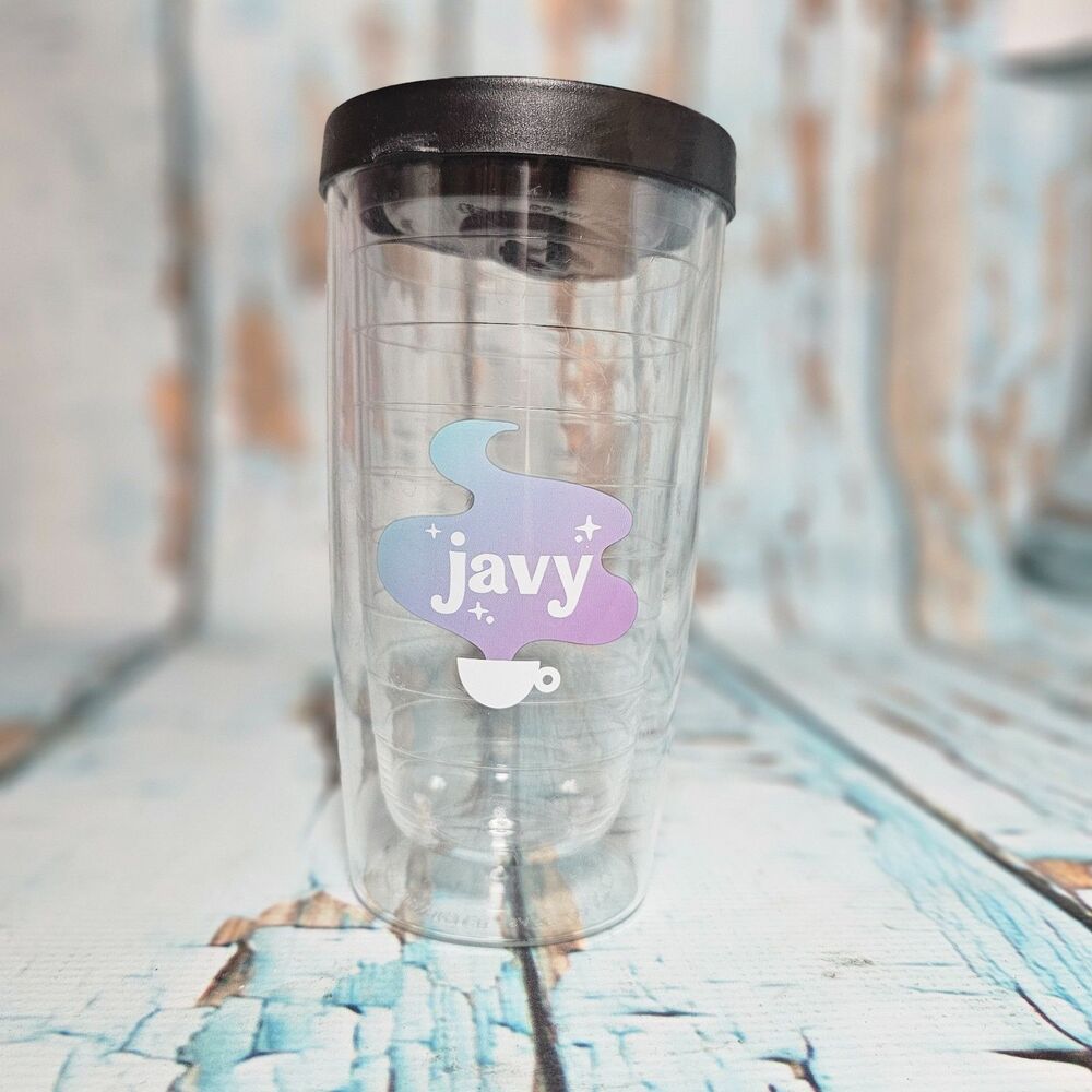 Javy Coffee 16 oz Travel Mug Tumbler Clear Plastic Reusable Cup w/ Black Lid